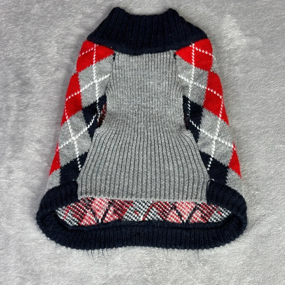Argyle Pet Sweater Medium Red Grey Blue Button‎ Front Shawl Collar Dog Outfit